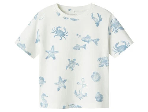 Hvid t-shirt fra Name It med print af blå havelementer 13241249 cloud dancer